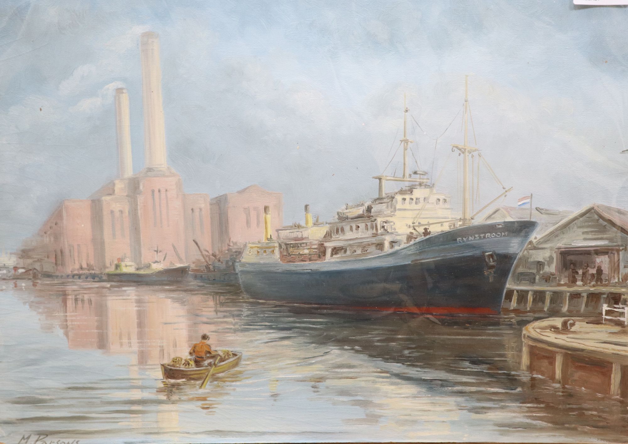 Max Parsons A.R.C.A. (1915-1998), the cargo ship Rynstroom moored off Shoreham Power Station, circa 1970,